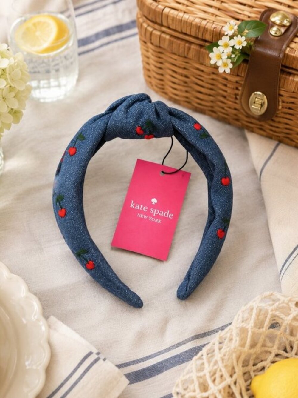 Kate Spade New York Denim Cherry Knotted Headband Blue NWT